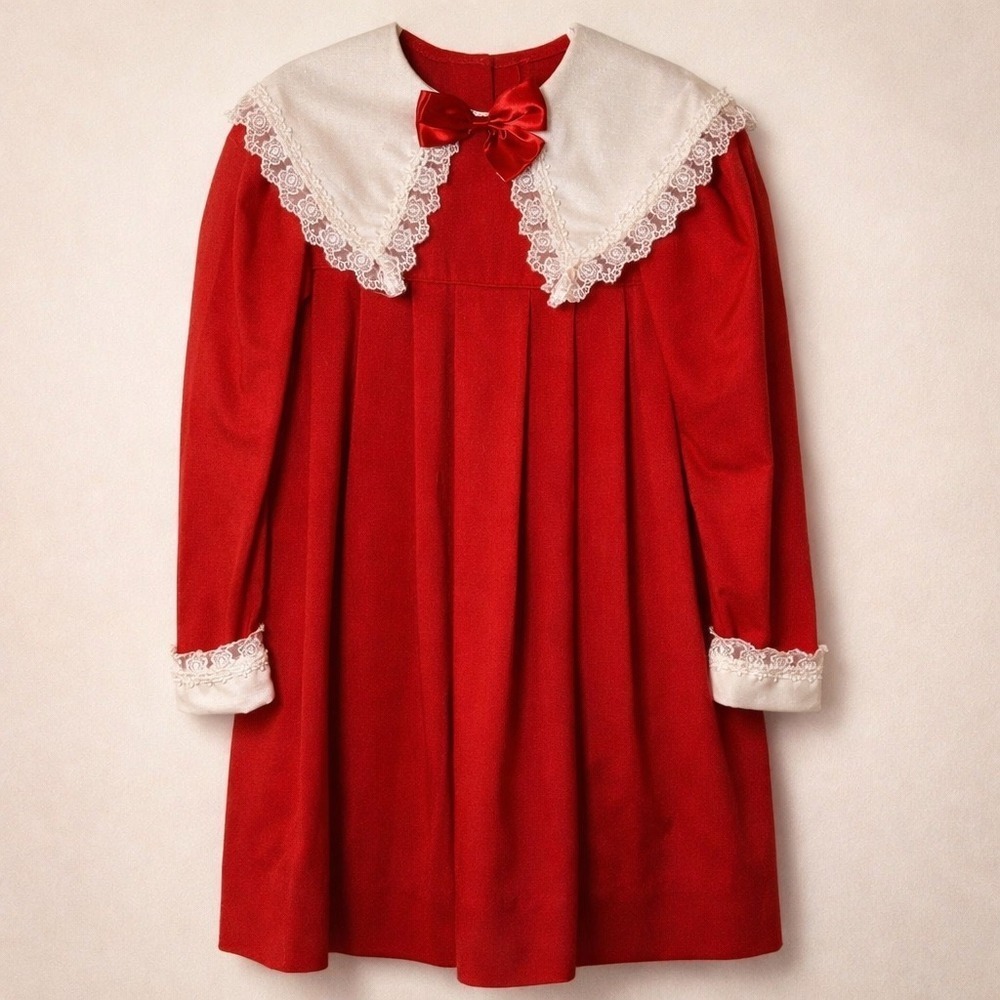 Vintage Mini World Red Pleated Dress Lace Collar Bow Girls 8 Holiday USA
